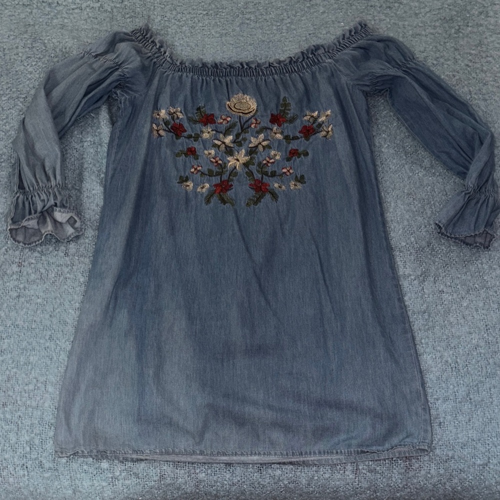 Denim Blue Off-Shoulder Blouse with Floral Embroidery